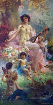  fleurs - beauté jouant de la guitare et anges floraux Hans Zatzka classique fleurs